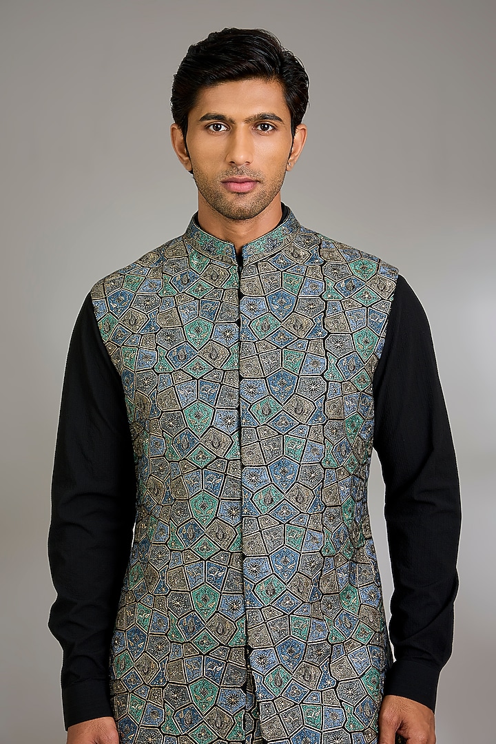 Black Silk Bundi Jacket Set by Qbik Men at Pernia's Pop Up Shop