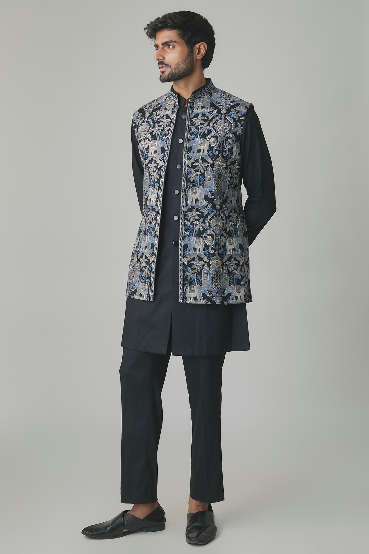 Qbik Black Wool Silk Blend Bundi Jacket Set