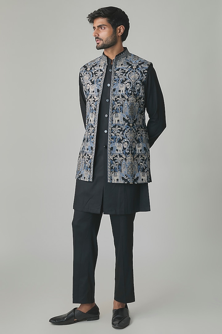 Black Wool Silk Blend Bundi Jacket Set by Qbik Men at Pernia's Pop Up Shop