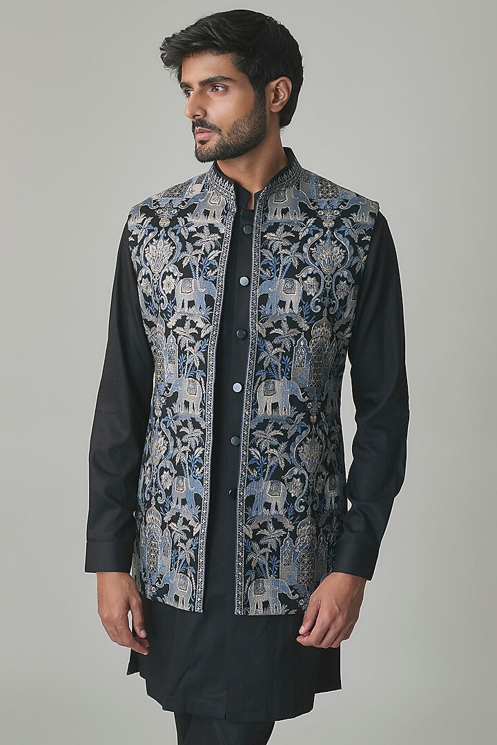 Black Wool Silk Blend Bundi Jacket Set by Qbik Men at Pernia's Pop Up Shop