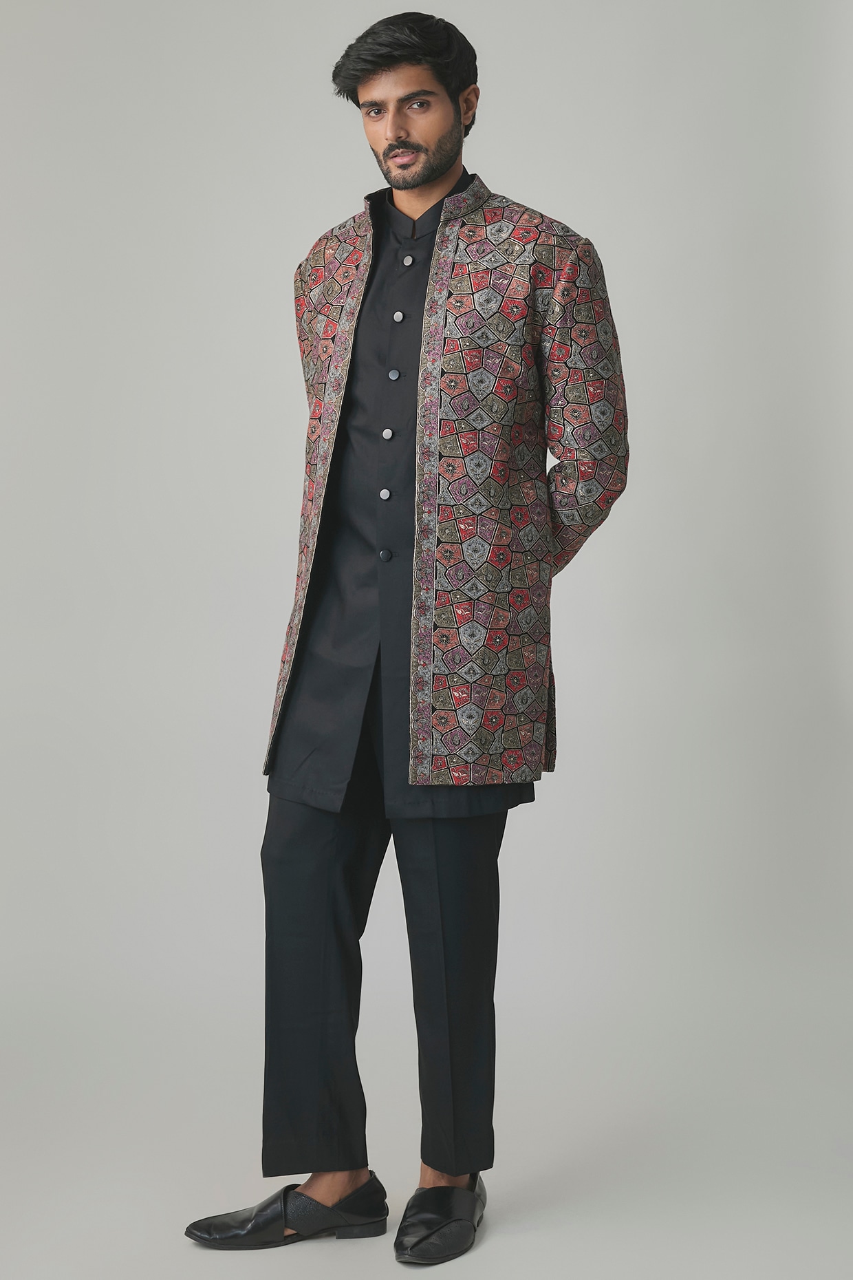 Qbik Multi-Colored Wool Silk Blend Indowestern Set