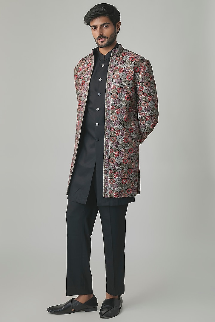 Multi-Colored Wool Silk Blend Groom Indowestern Set by Qbik Men at Pernia's Pop Up Shop