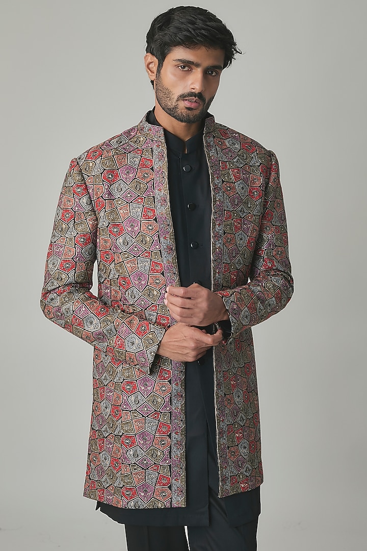Multi-Colored Wool Silk Blend Groom Indowestern Set by Qbik Men at Pernia's Pop Up Shop