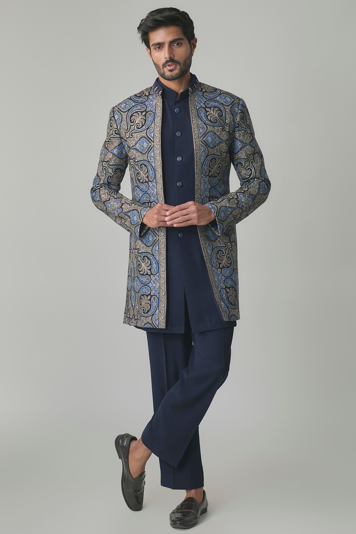 Qbik Navy Blue Wool Silk Blend Indowestern Set
