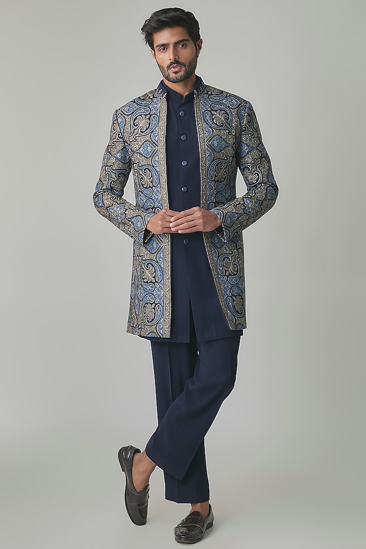 Navy Blue Wool Silk Blend Groom Indowestern Set by Qbik Men at Pernia's Pop Up Shop