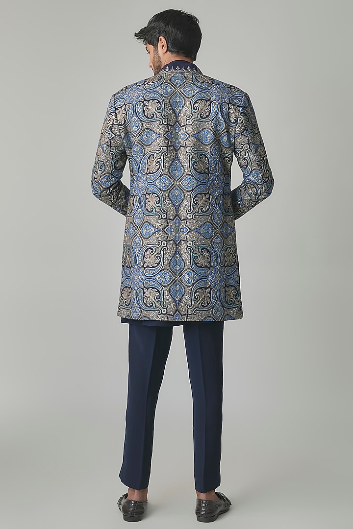 Navy Blue Wool Silk Blend Groom Indowestern Set by Qbik Men at Pernia's Pop Up Shop