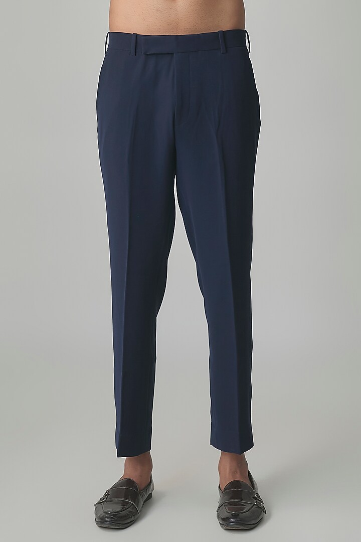 Navy Blue Wool Silk Blend Groom Indowestern Set by Qbik Men at Pernia's Pop Up Shop