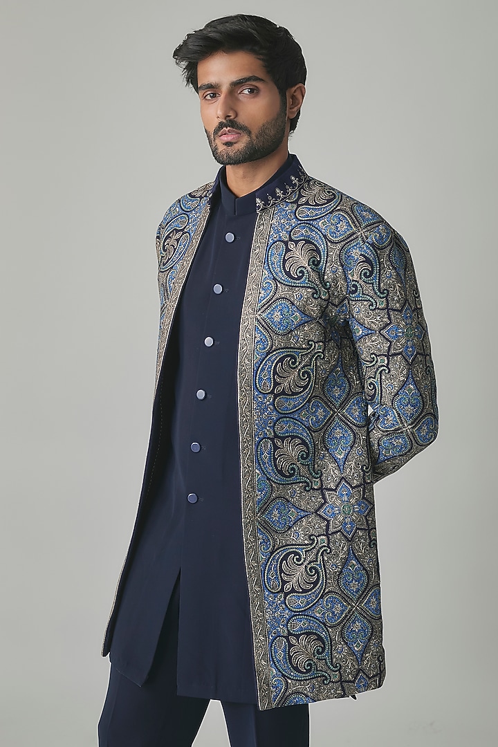 Navy Blue Wool Silk Blend Groom Indowestern Set by Qbik Men at Pernia's Pop Up Shop