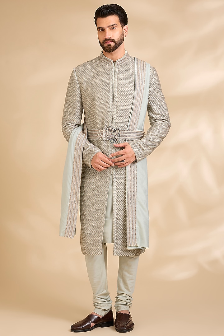 Mint Silk Groom Sherwani Set by Qbik Men at Pernia's Pop Up Shop