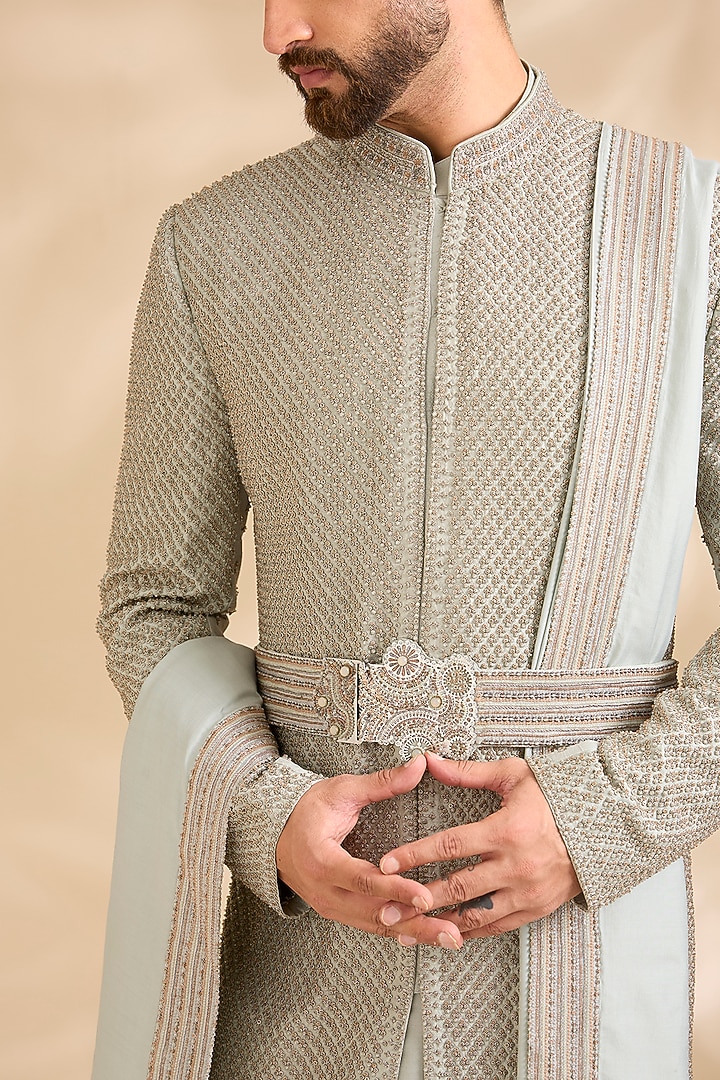 Mint Silk Groom Sherwani Set by Qbik Men at Pernia's Pop Up Shop