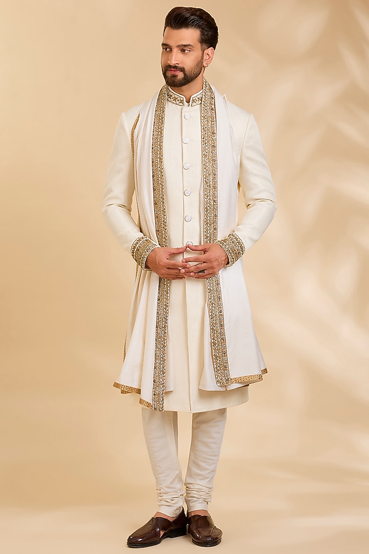 Ivory Silk Groom Sherwani Set by Qbik Men at Pernia's Pop Up Shop