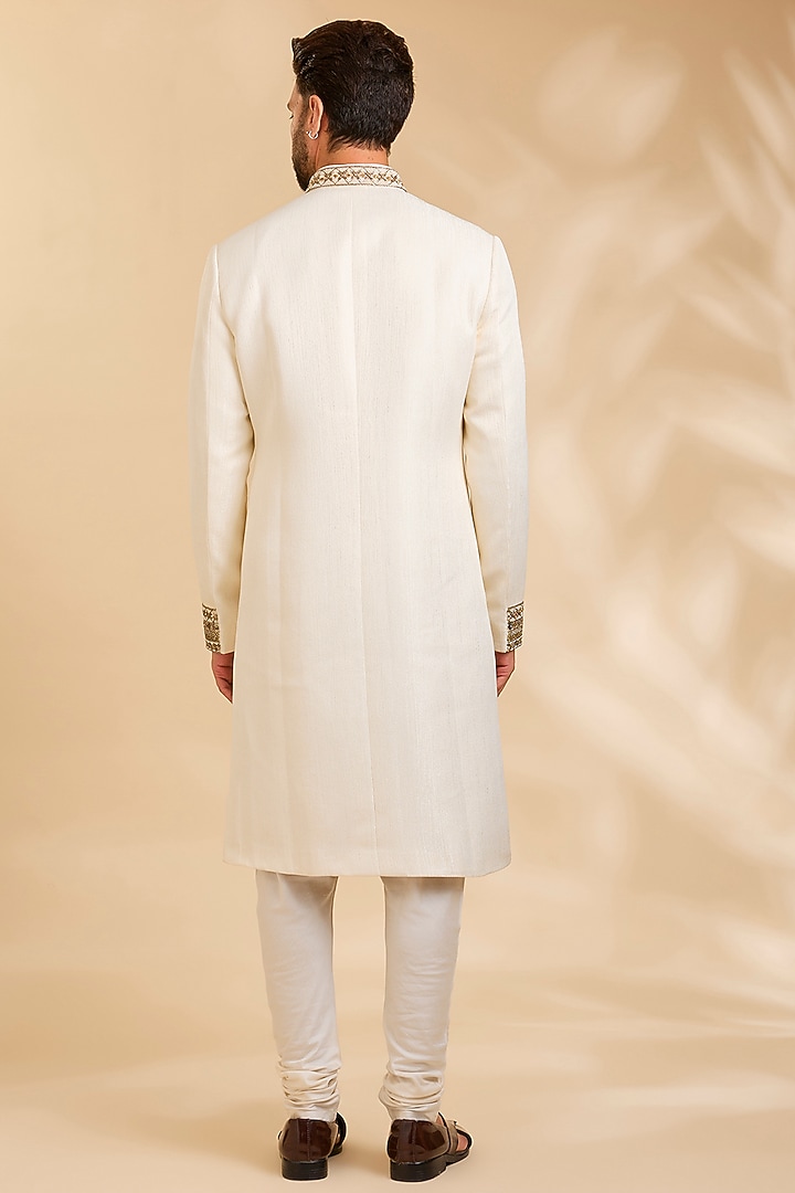 Ivory Silk Groom Sherwani Set by Qbik Men at Pernia's Pop Up Shop