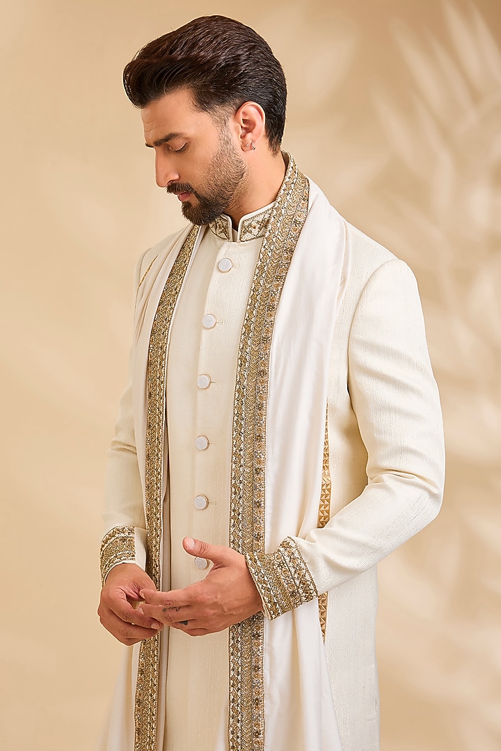Ivory Silk Groom Sherwani Set by Qbik Men at Pernia's Pop Up Shop