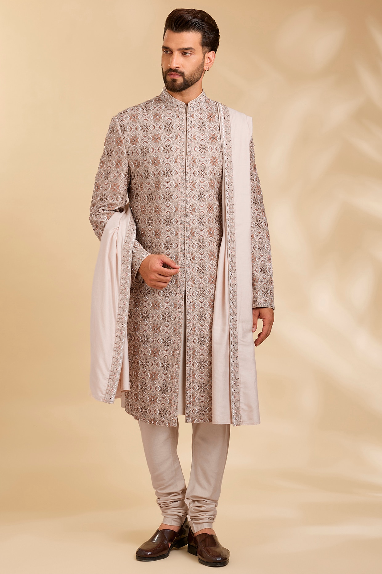 Qbik Beige Silk Sherwani Set
