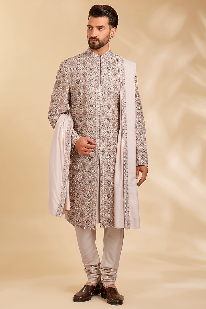Beige Silk Groom Sherwani Set by Qbik Men at Pernia's Pop Up Shop