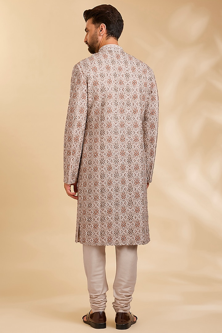 Beige Silk Groom Sherwani Set by Qbik Men at Pernia's Pop Up Shop