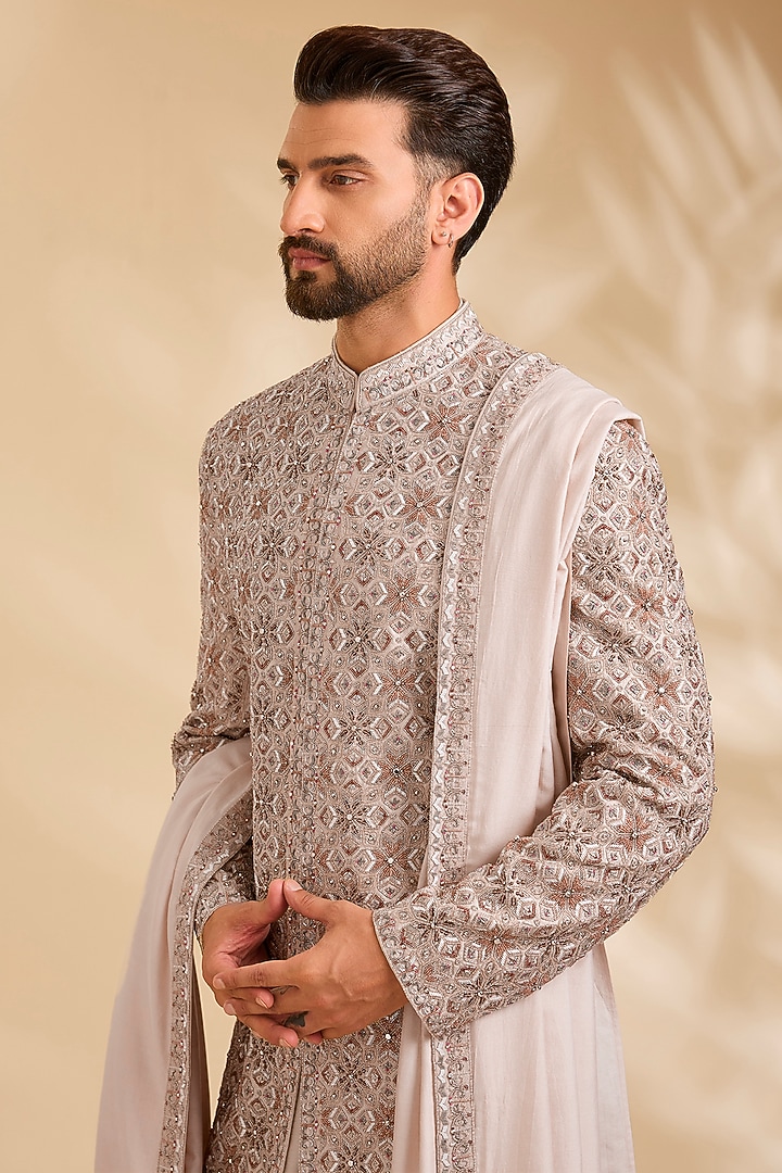 Beige Silk Groom Sherwani Set by Qbik Men at Pernia's Pop Up Shop
