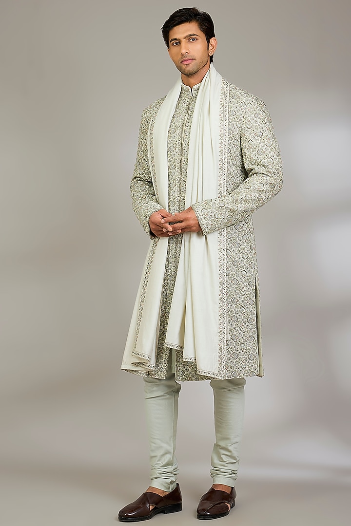 Pista Green Silk Groom Sherwani Set by Qbik Men at Pernia's Pop Up Shop