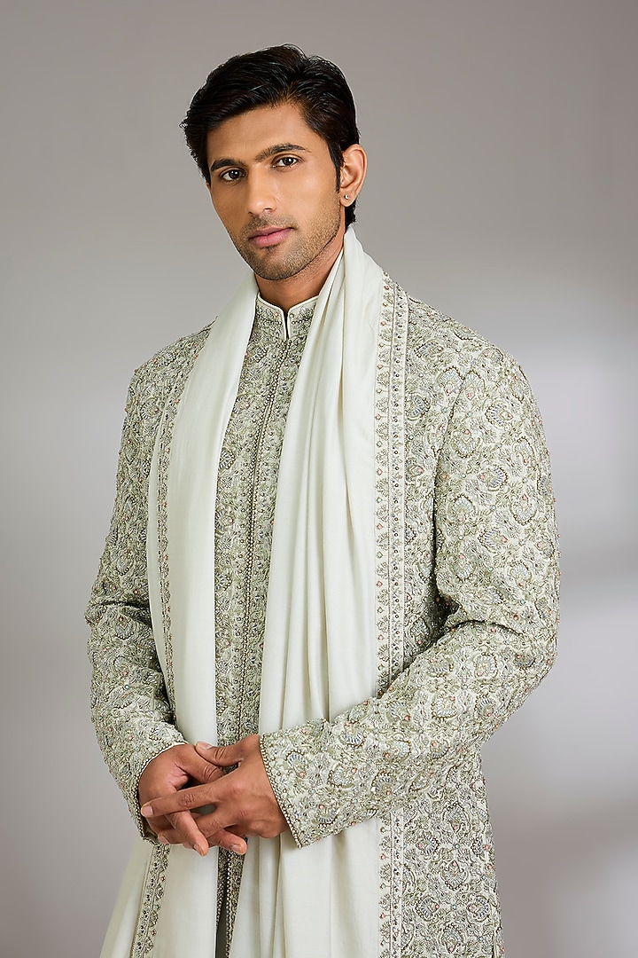 Pista Green Silk Groom Sherwani Set by Qbik Men at Pernia's Pop Up Shop