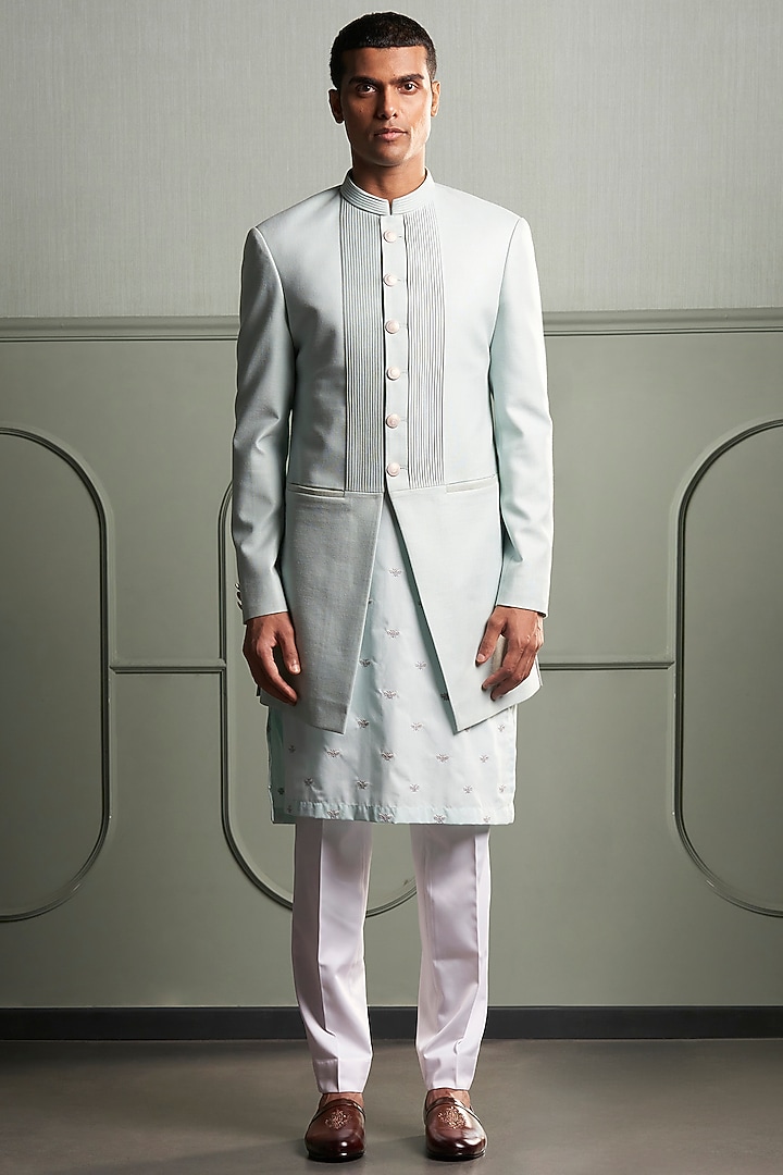 Aqua Kurta Set With Textured Wedding Bandhgala Jacket by Qbik Men at Pernia's Pop Up Shop