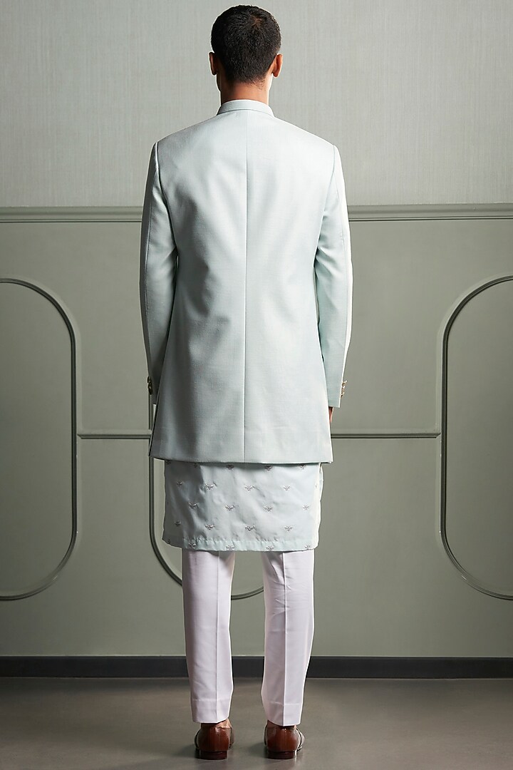 Aqua Kurta Set With Textured Wedding Bandhgala Jacket by Qbik Men at Pernia's Pop Up Shop