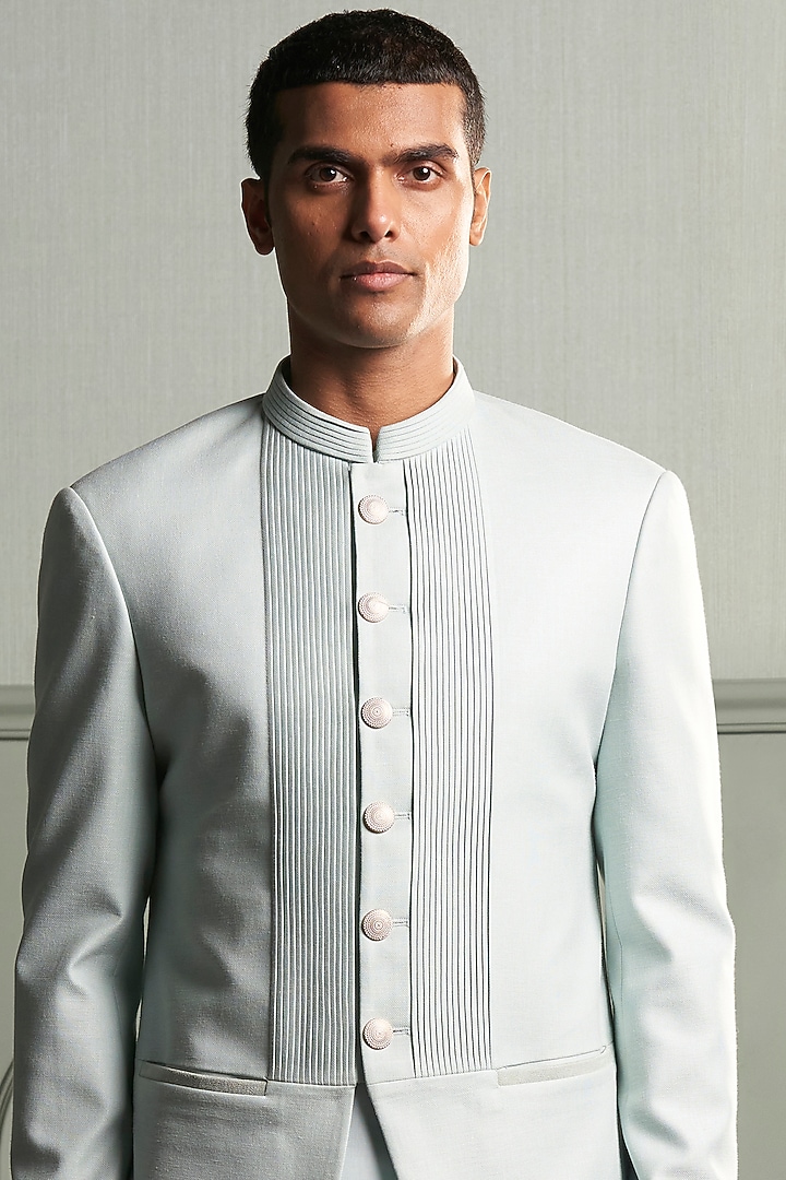 Aqua Kurta Set With Textured Wedding Bandhgala Jacket by Qbik Men at Pernia's Pop Up Shop