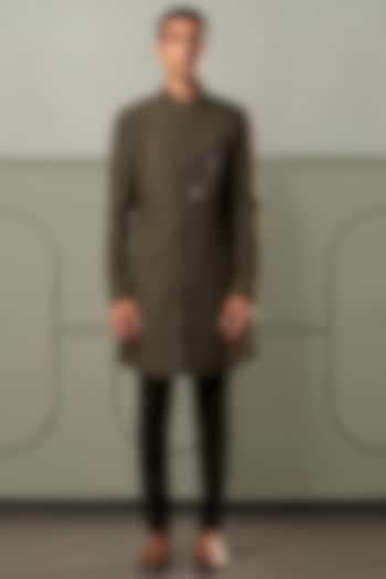 Olive Green Textured Indo Western Wedding Bandhgala Jacket Set by Qbik Men at Pernia's Pop Up Shop