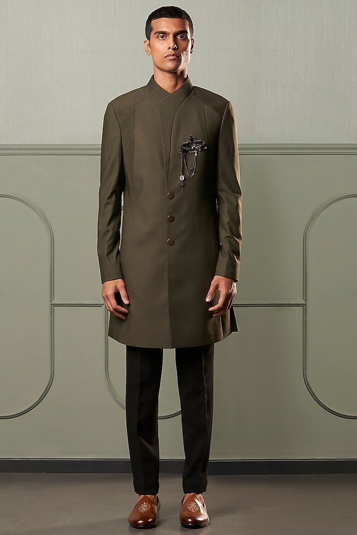 Olive Green Textured Indo Western Wedding Bandhgala Jacket Set by Qbik Men at Pernia's Pop Up Shop