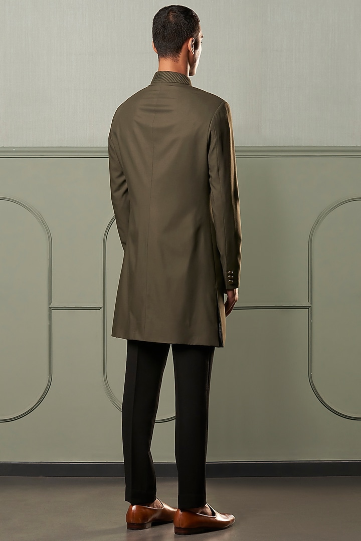 Olive Green Textured Indo Western Wedding Bandhgala Jacket Set by Qbik Men at Pernia's Pop Up Shop