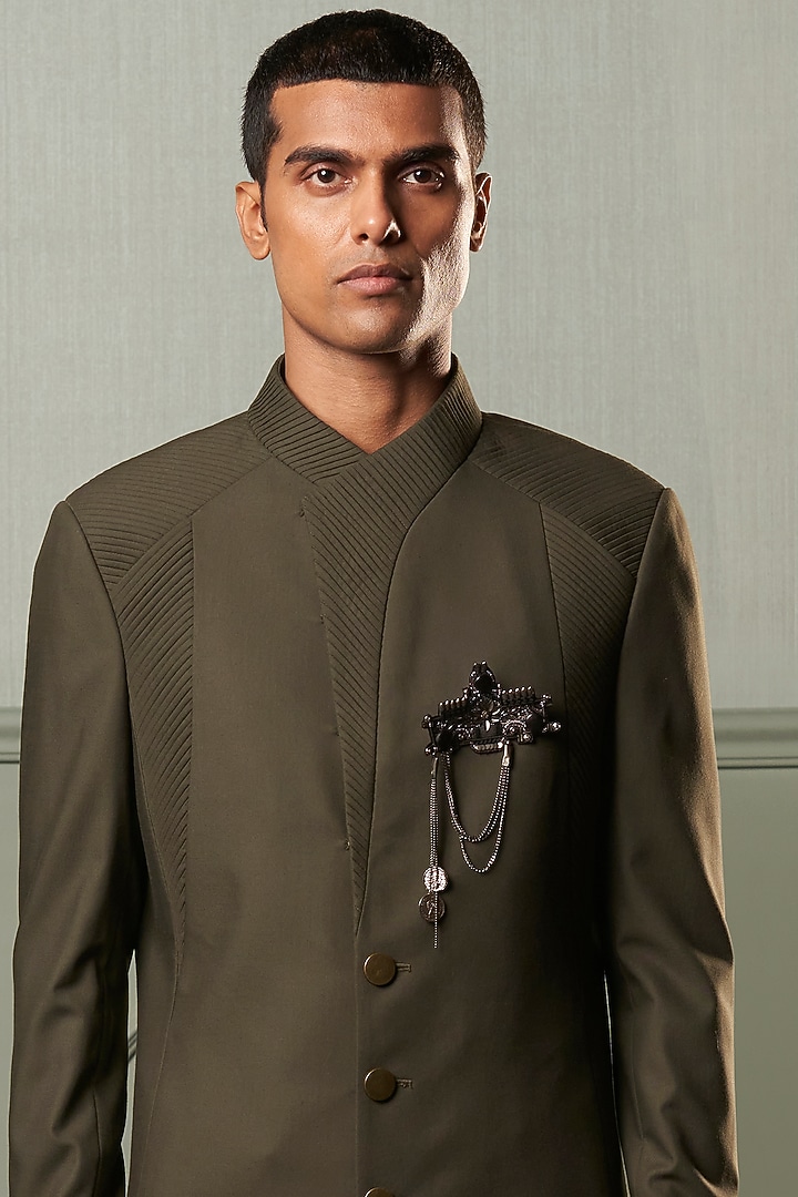 Olive Green Textured Indo Western Wedding Bandhgala Jacket Set by Qbik Men at Pernia's Pop Up Shop