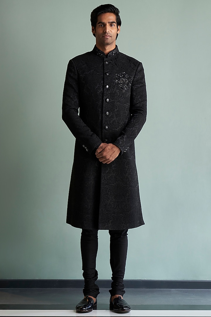 Black Silk Jacquard Wedding Sherwani Set by Qbik Men at Pernia's Pop Up Shop