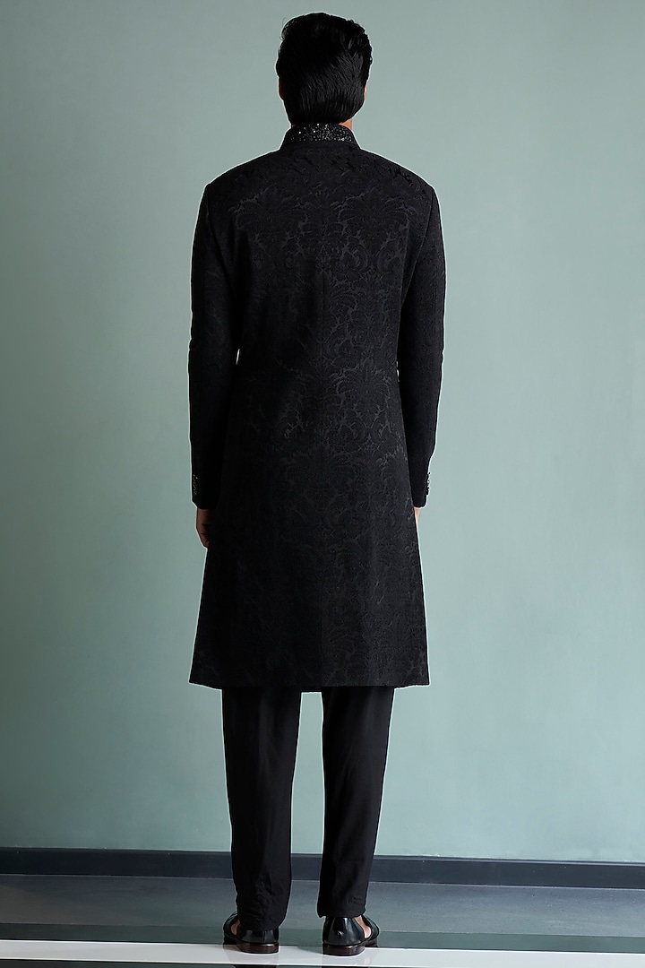 Black Silk Jacquard Wedding Sherwani Set by Qbik Men at Pernia's Pop Up Shop