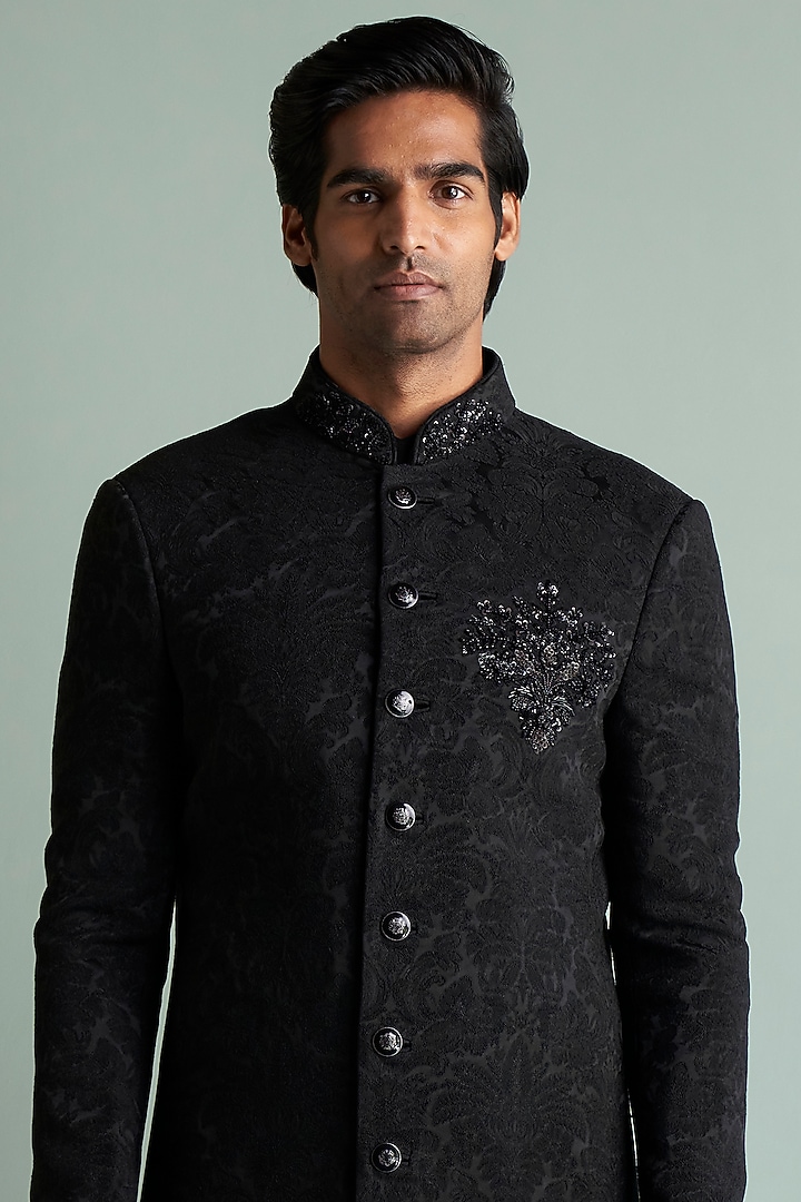 Black Silk Jacquard Wedding Sherwani Set by Qbik Men at Pernia's Pop Up Shop