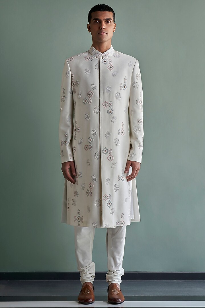 Ivory Motif Embroidered Wedding Sherwani Set by Qbik Men at Pernia's Pop Up Shop