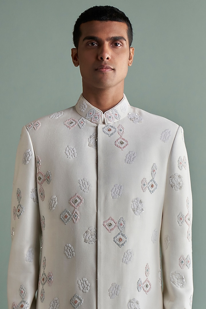 Ivory Motif Embroidered Wedding Sherwani Set by Qbik Men at Pernia's Pop Up Shop