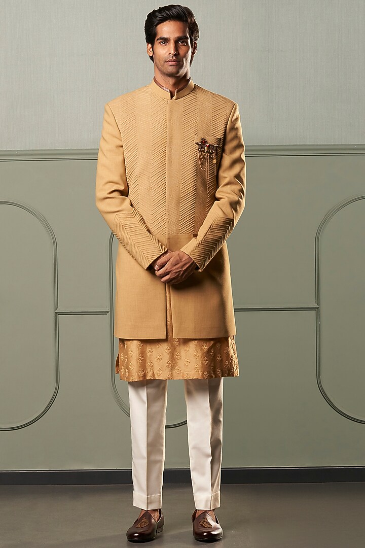 Mustard Quilted Indo Western Bandhgala Jacket Set by Qbik Men at Pernia's Pop Up Shop