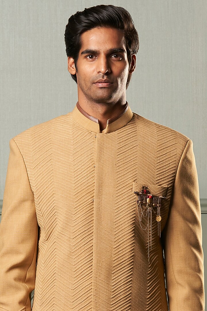 Mustard Quilted Indo Western Bandhgala Jacket Set by Qbik Men at Pernia's Pop Up Shop