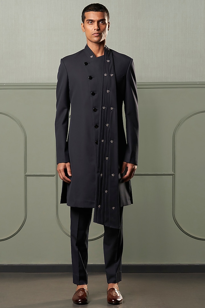 Navy Blue Suiting Wedding Indowestern Jacket by Qbik Men at Pernia's Pop Up Shop