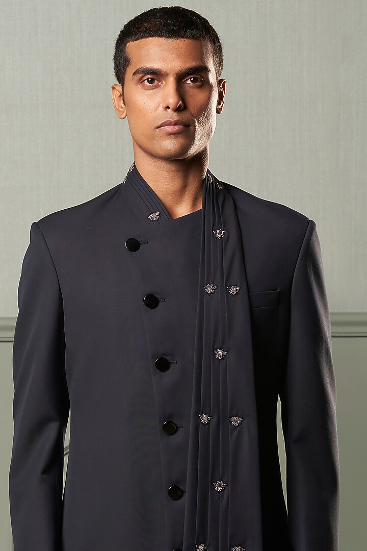 Navy Blue Suiting Wedding Indowestern Jacket by Qbik Men at Pernia's Pop Up Shop