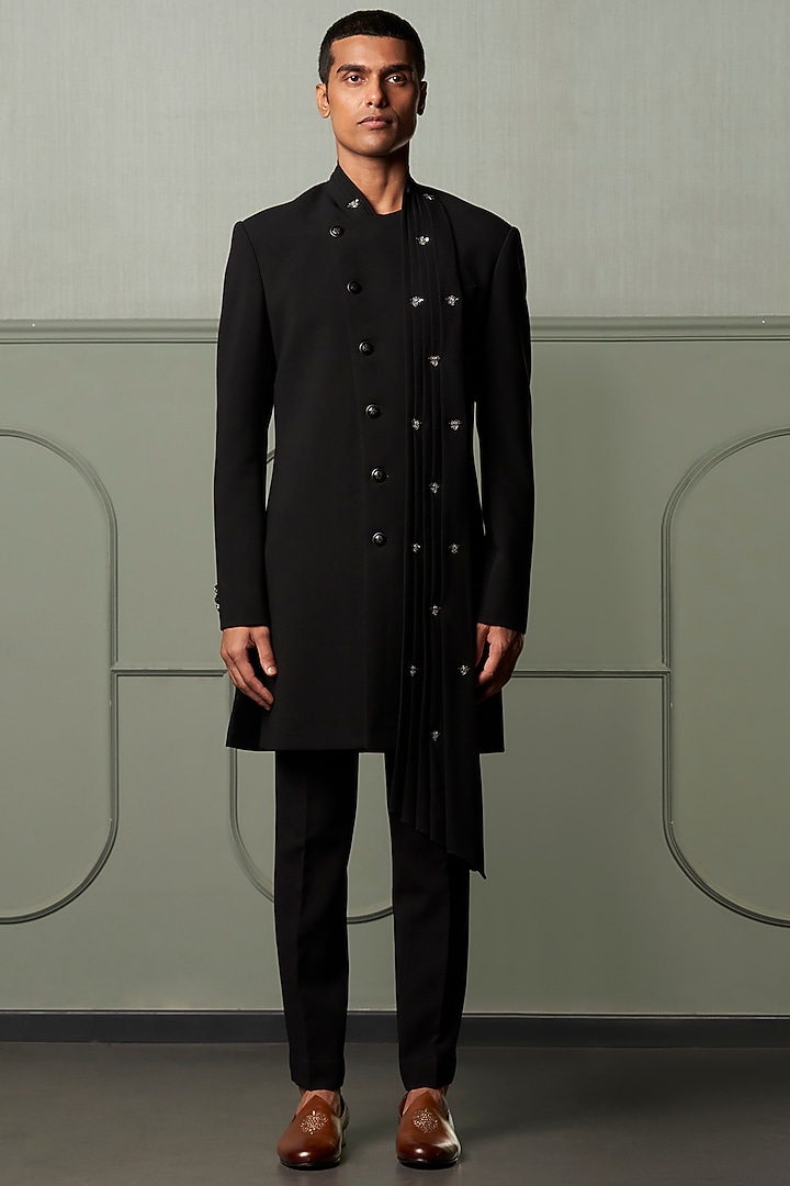 Black Suiting Wedding Indowestern Jacket by Qbik Men at Pernia's Pop Up Shop