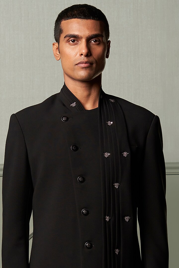 Black Suiting Wedding Indowestern Jacket by Qbik Men at Pernia's Pop Up Shop