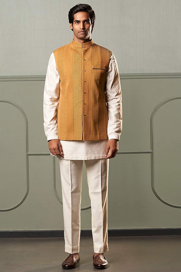 Ivory Textured Kurta Set With Mustard Nehru Jacket by Qbik Men at Pernia's Pop Up Shop