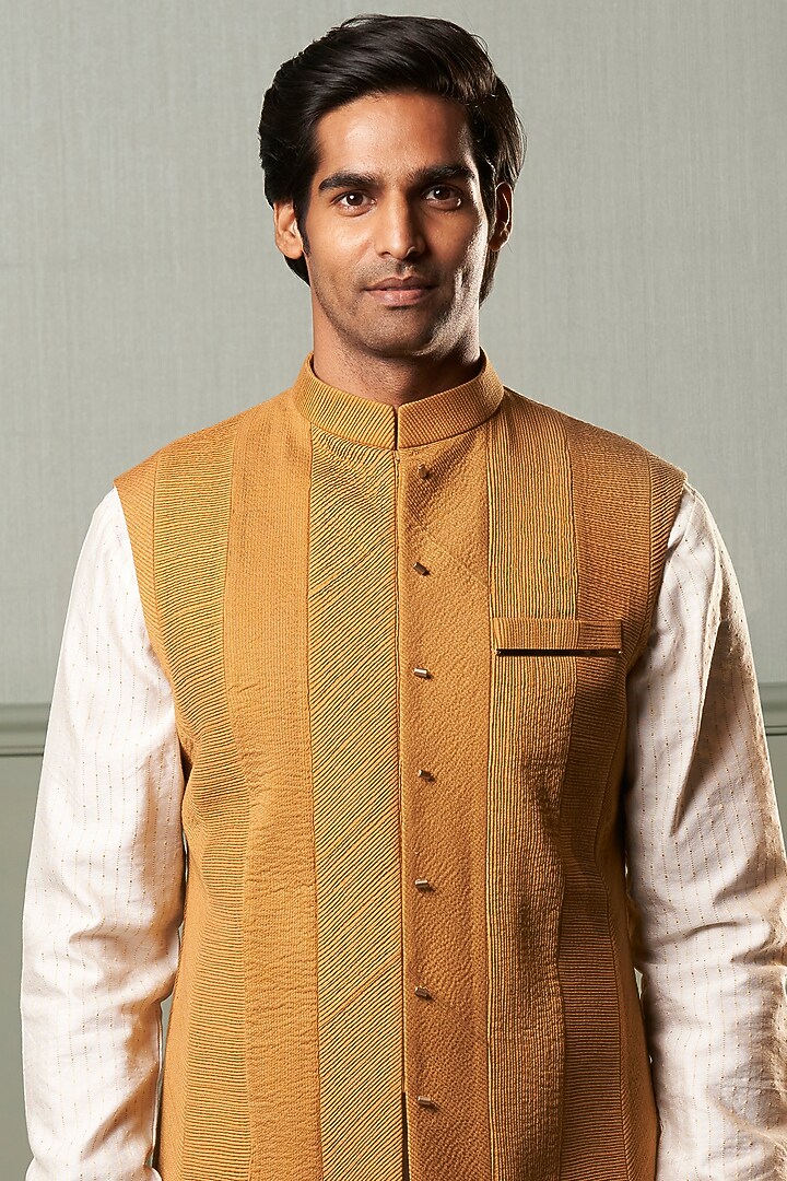 Ivory Textured Kurta Set With Mustard Nehru Jacket by Qbik Men at Pernia's Pop Up Shop
