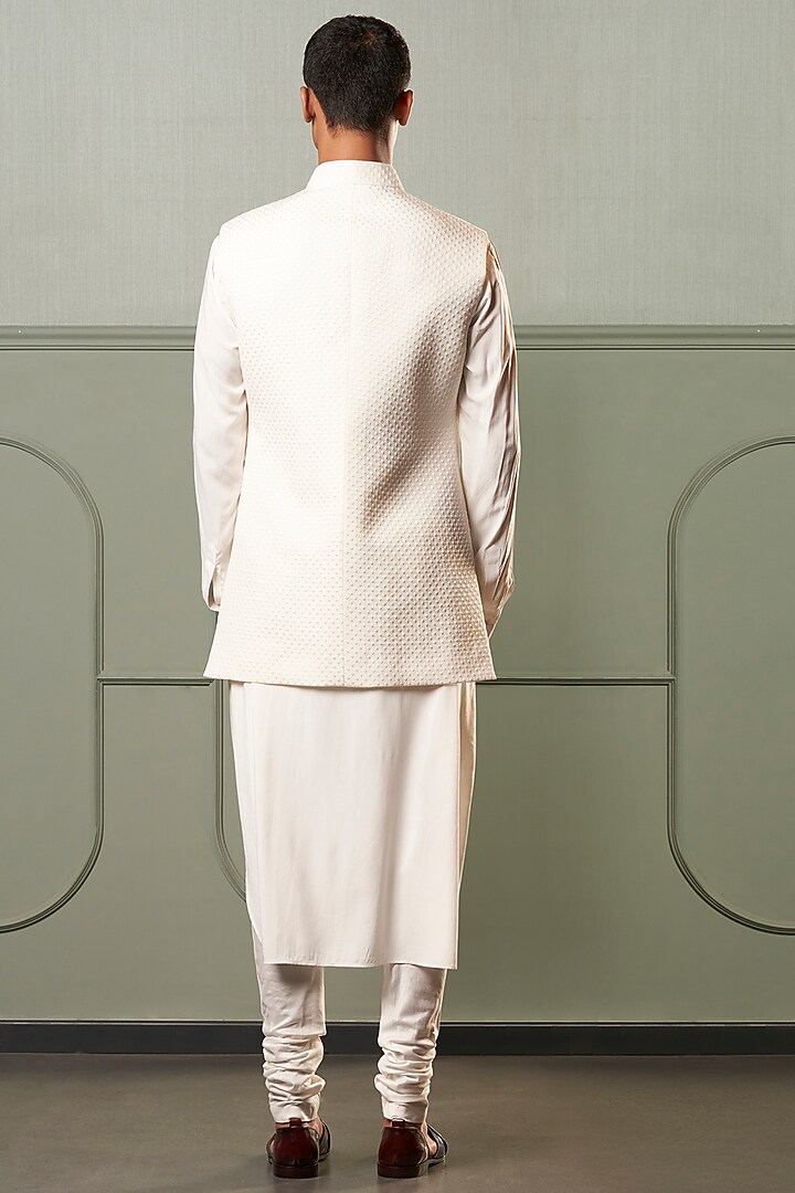 Ivory Silk Asymmetrical Bundi Jacket Set by Qbik Men at Pernia's Pop Up Shop