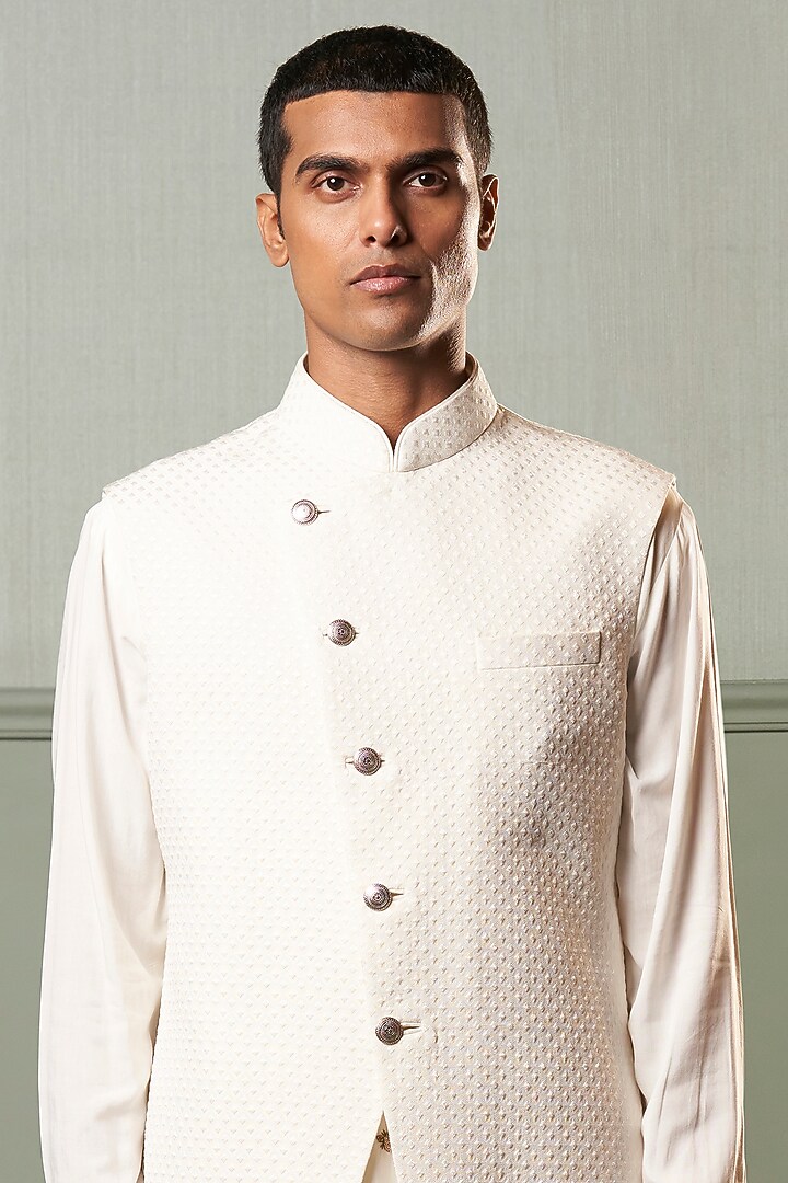 Ivory Silk Asymmetrical Bundi Jacket Set by Qbik Men at Pernia's Pop Up Shop