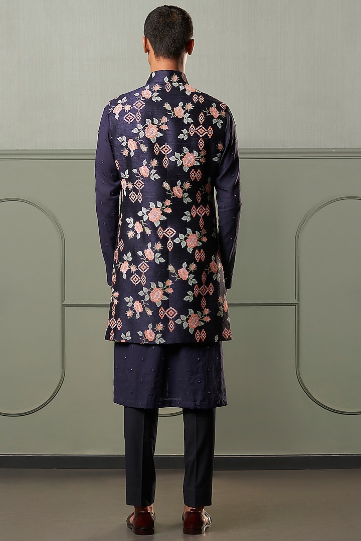 Navy Blue Silk Wedding Indowestern Jacket Set
by Qbik Men at Pernia's Pop Up Shop