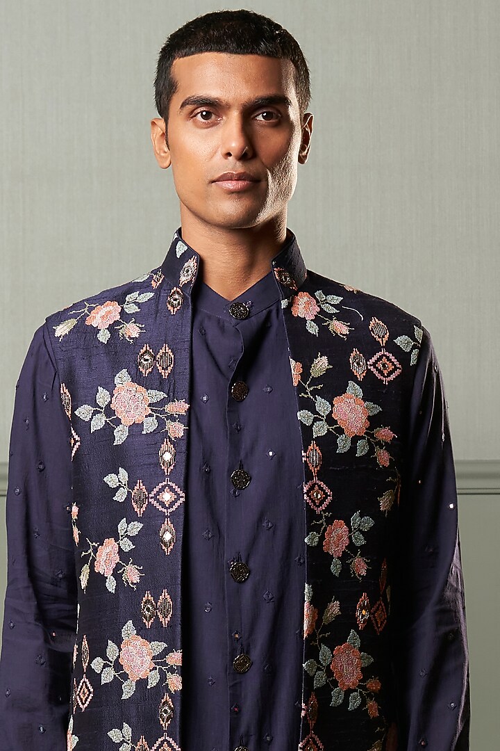 Navy Blue Silk Wedding Indowestern Jacket Set
by Qbik Men at Pernia's Pop Up Shop