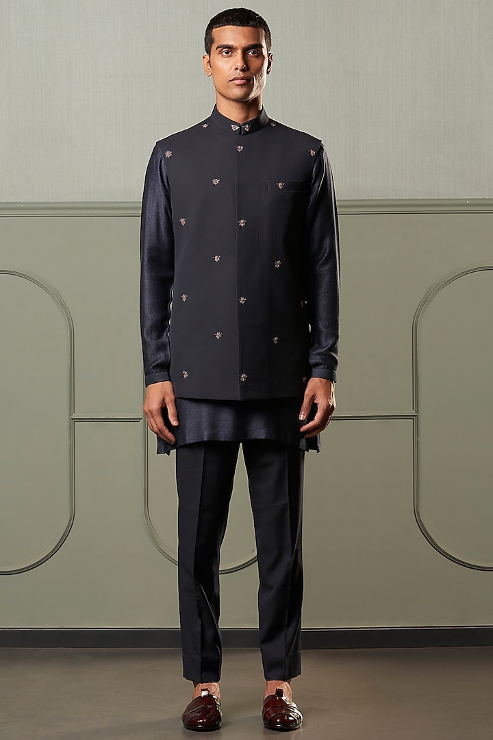 Gunmetal Suiting Embroidered Bundi Jacket Set by Qbik Men