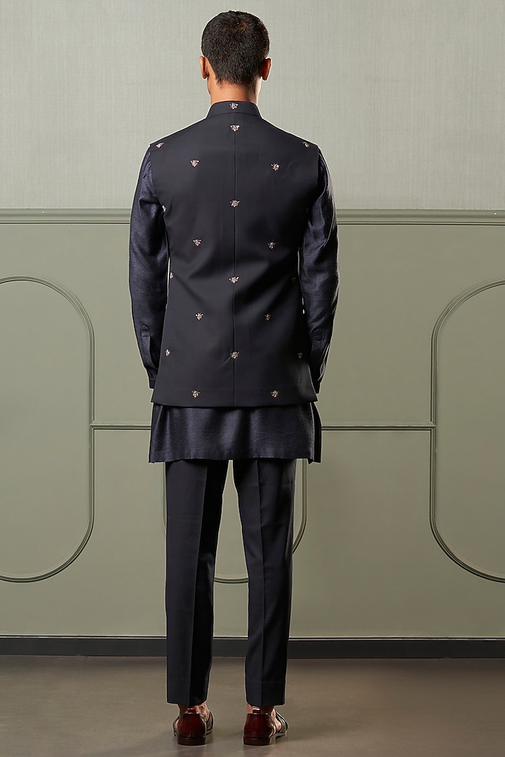 Gunmetal Suiting Embroidered Bundi Jacket Set by Qbik Men at Pernia's Pop Up Shop