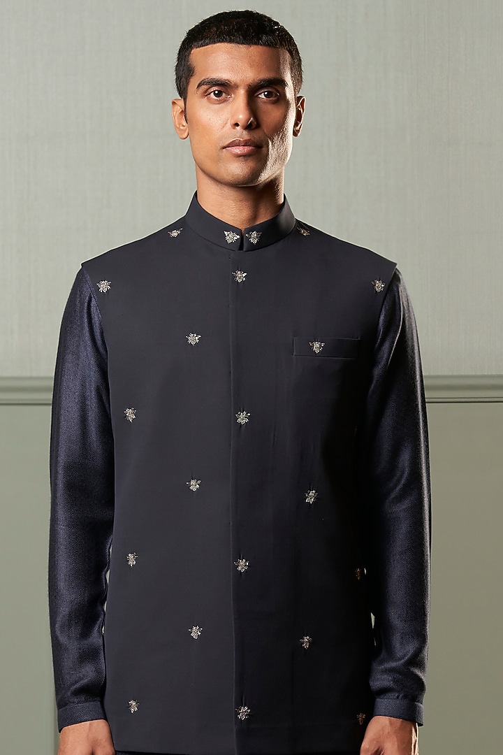 Gunmetal Suiting Embroidered Bundi Jacket Set by Qbik Men at Pernia's Pop Up Shop